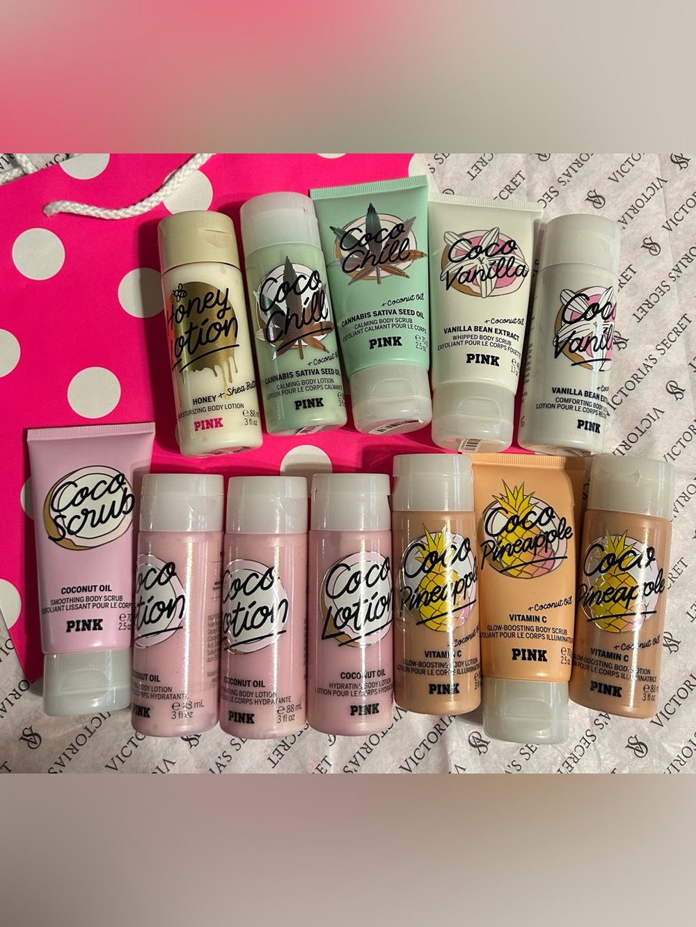 Large 12 piece Travel size VS PINK lotions & Scrubs